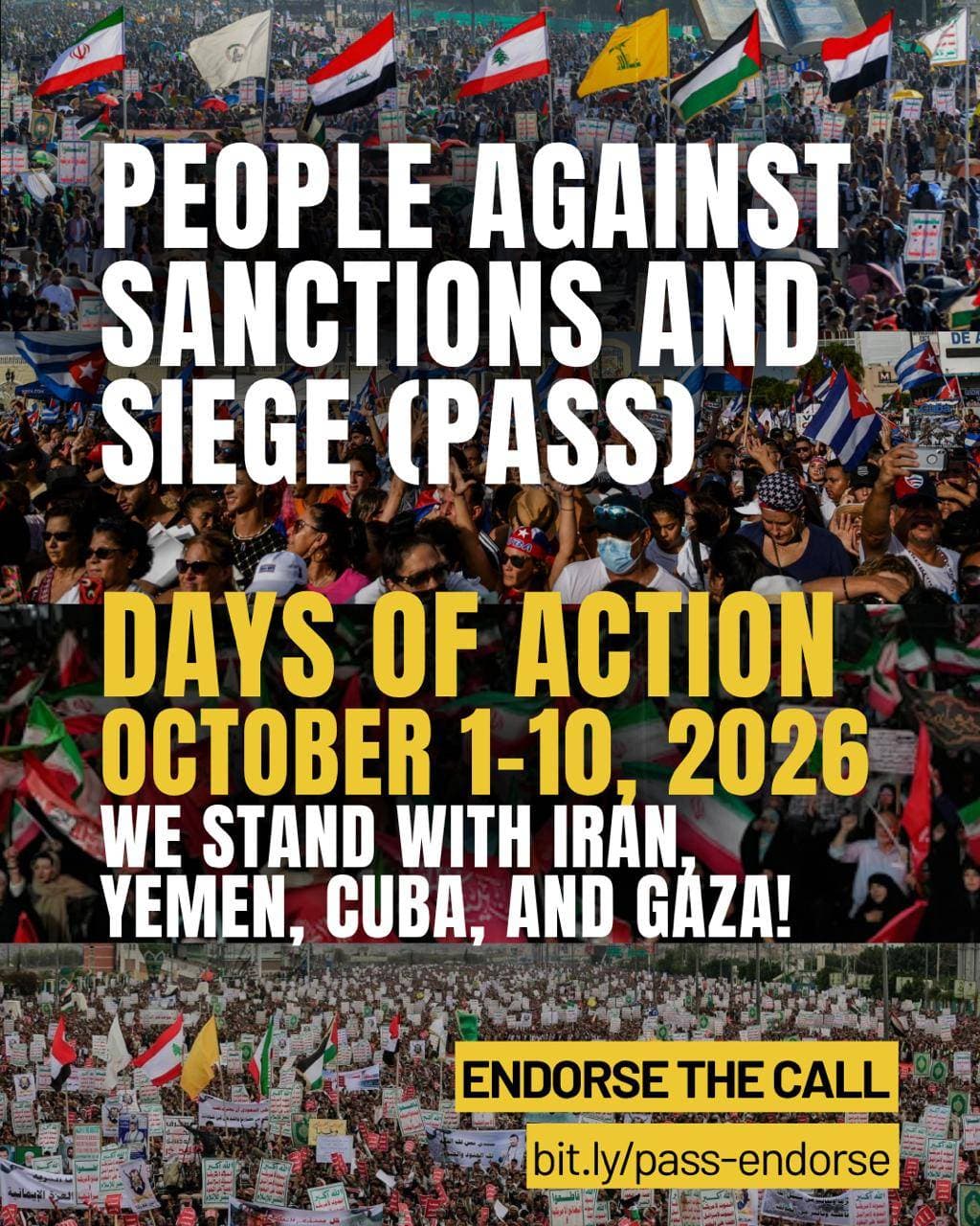 PASS campaign poster with crowds, flags, the Days of Action dates, and an endorsement invitation
